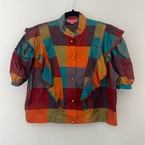 Amazing Harry Who Vintage Check Plaid Jacket Blouse Shirt 100% Silk Size M